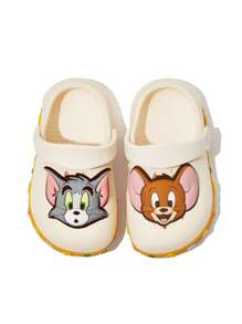 TOM & JERRY X SHEIN Witte cartoon ademende sandalen voor baby's, EVA-materiaal, lichtgewicht, antislip, teenbeschermend, waterbestendig, geschikt voor binnen en buiten, unisex voor jongens en meisjes