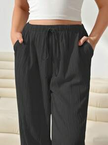 SHEIN EZwear Pantalones holgados de tela de color gris oscuro de talla grande para mujer, de estilo casual de negocios