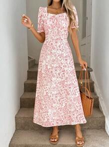 Easowa Ruffle Trim Square Collar Lantern Sleeve Gathered Back Waist A-Line Spring/Summer Short Sleeve Dress, Vintage Romantic Ditsy Floral Fabric, Casual Resort Elegant Maxi Dress For Women Floral Midi Dress Red Floral Dress Summer Dress Casual Dress Cottagecore Dress