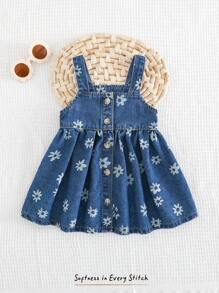 Cozy Pixies 女婴花卉图案无袖高腰牛仔连衣裙 - 藍色 - 查看 4