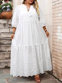 SHEIN CURVE+ Plus Size Vacation Summer 3/4 Sleeve Embroidered Loose Dress Summer/Country/Beach Vacation Outfits/Beach Outfits/Beach Wear,Maxi Dress White Eyelet Dress White Boho Dress Plus Size White Dress White Summer Dress Cottagecore White Dress