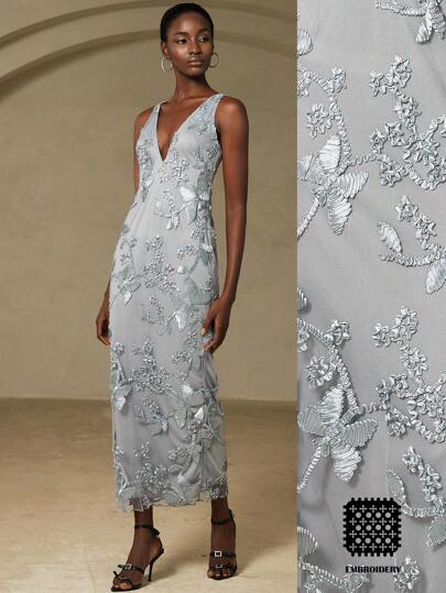 Aveloria Rosie Elegant Sophisticated Party Dress, High-End 3D Floral Puff Sleeve Fabric, Deep V-Neck Sleeveless Dress For Women