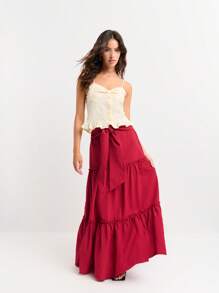 Nöista Tiered Maxi Skirt With Gathered Seams And Oversized Waist Tie. Flowing Silhouette, Boho Style, Romantic, Feminine, Casual Chic, Perfect For Summer, Beachwear, Or Relaxed Everyday Outfits. - Burgundy - View 3
