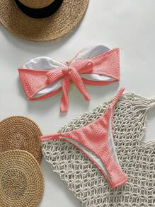 Swim Chiccia Springbreak 女士沙滩装夏季套装，纯色提花面料露肩金属装饰性感比基尼套装 - 粉色 - 查看 2
