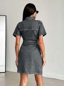 EURMUSE Women's Fashion Casual Button Light Wash Denim Dress - Light Grey - View 2