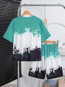 SHEIN Tween Boys' Loose Street-Style Short Sleeve T-Shirt And Shorts Set Boys Summer Clothes Sets Teen Boy Summer Outfits Boys Drip Outfits Boys Graphic Tee And Shorts Set Boys Korean Fashion - Blue - View 2