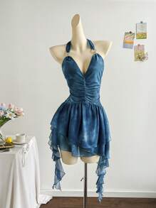 Soleia 女士浪漫度假露背针织网眼蓝色印花连衣裙 - 藍色 - 查看 6