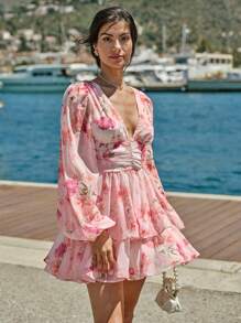Enchnt Vestido de verano elegante y romántico con estampado floral rosa en todo el vestido, manga farol para mujer. Apropiado para vacaciones, dulce y elegante para vacaciones, citas, fiestas, graduación, invitada de boda y playa. Vestidos de verano para mujer, ropa de verano, vestidos elegantes para mujer, vestidos elegantes para fiestas, ropa bohemia