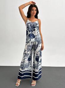 EURMUSE Set de 2 piese pentru femei, maiou cu imprimeu albastru și alb și pantaloni largi