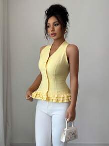 Elenzga Blusa de mujer elegante con cuello en V con volantes y sin mangas, para usar en vacaciones románticas, resorts de playa o fiestas de té por la tarde