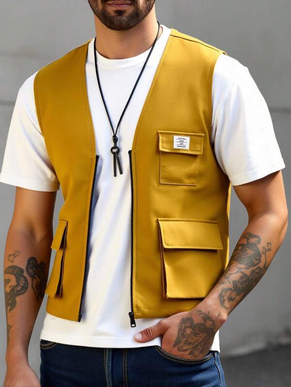 HIMLAND Loose Fit Men's Letter Patched Flap Pocket Vest (Without T-Shirt)