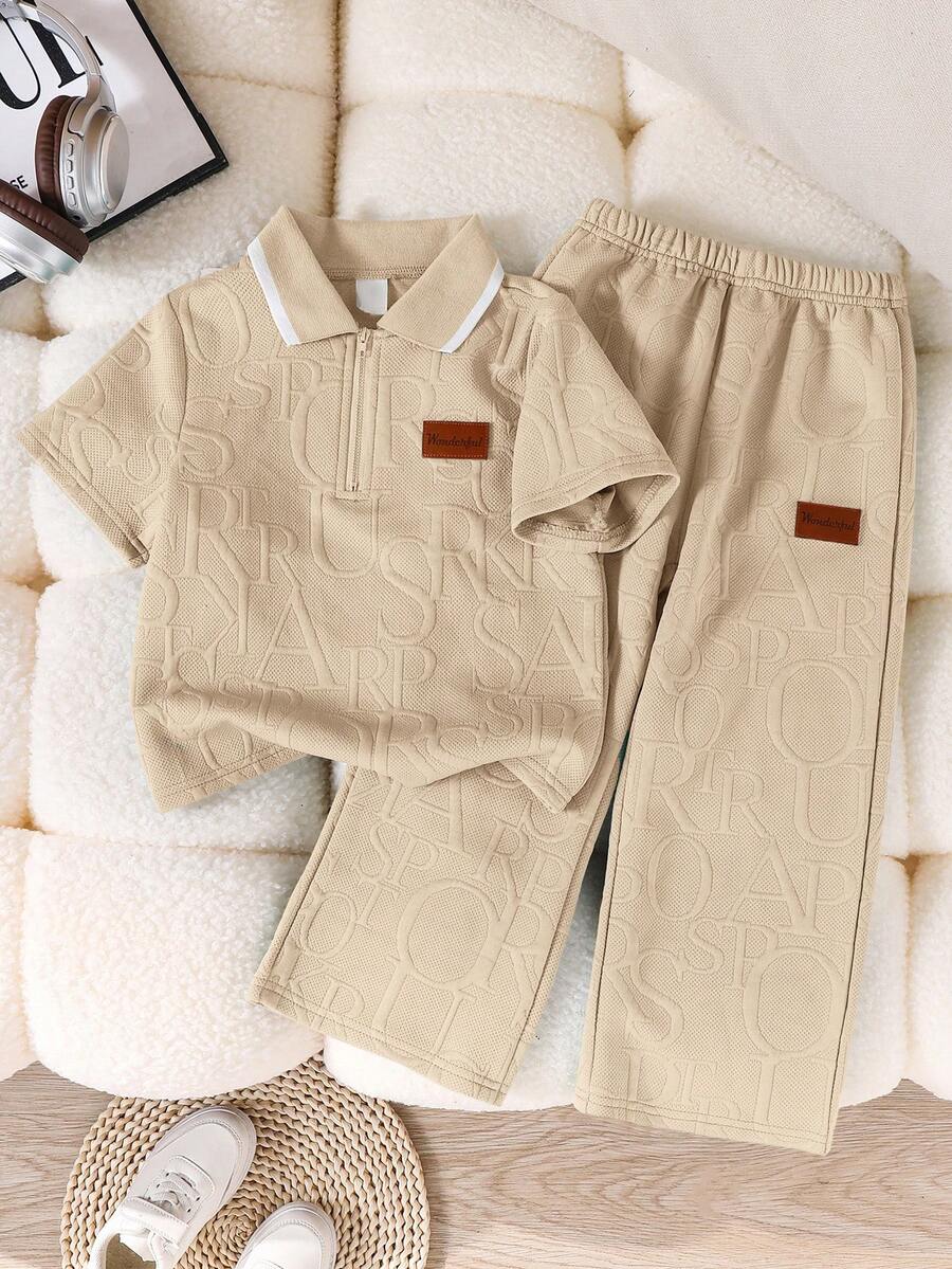 SHEIN 2 件年轻男童休闲街头风格条纹领拼布袖拉链半拉链套头衫和裤子针织两件套西装套装,适合通勤、上学、日常休闲、旅行、运动、儿童装、学校男孩套装、男孩装、家庭装、生日派对、春夏季 - 卡其色 - 查看 1