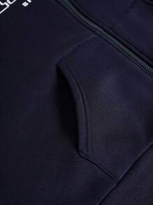 SHEIN 少女休闲学院风街头风保暖连帽拉链卫衣外套，简约字母印花贴袋宽松落肩长袖设计，藏蓝色，适合秋冬季女童穿着。 - 藏蓝色 - 查看 7