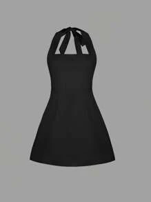 INAWLY Women's Mini Halter Neck Solid Color Dress, Fashionable For Summer - Black - View 3