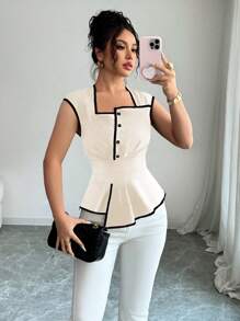 Rafferiza Women's Sleeveless Square Neck Waist-Defined Flare Hem Elegant Casual Commute Work Versatile Collared Blouse, Contrast Black & Apricot Color, Spring/Summer - Apricot - View 7