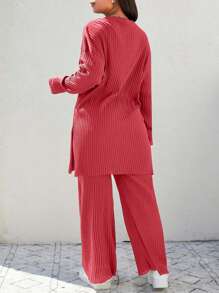 EURMUSE Plus Size Women Solid Color Rib Knit Long Sleeve Top & Pants 2 Pieces Set, Casual Everyday Wear - Watermelon Pink - View 2