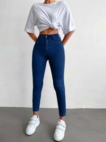 EURMUSE 96% Cotton High Waist Skinny Cropped Jeans - Dark Wash - View 4