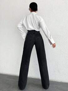 SHEIN PETITE 100%纯棉高腰直筒牛仔裤 PETITE - 黑色 - 查看 2