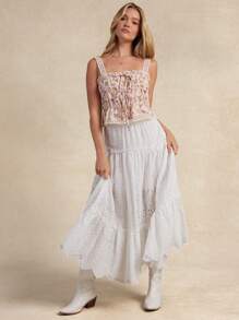 WESTFADE 夏季西部花卉印花编织钩编蕾丝肩带蝴蝶结前片层叠荷叶边下摆牛仔背心