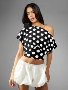MISSGUIDED Off Shoulder Polka Dot Crop Top Summer Festival Spring Casual Loose Dolman Sleeve Blouse Vacation Party Wear - Black - View 5