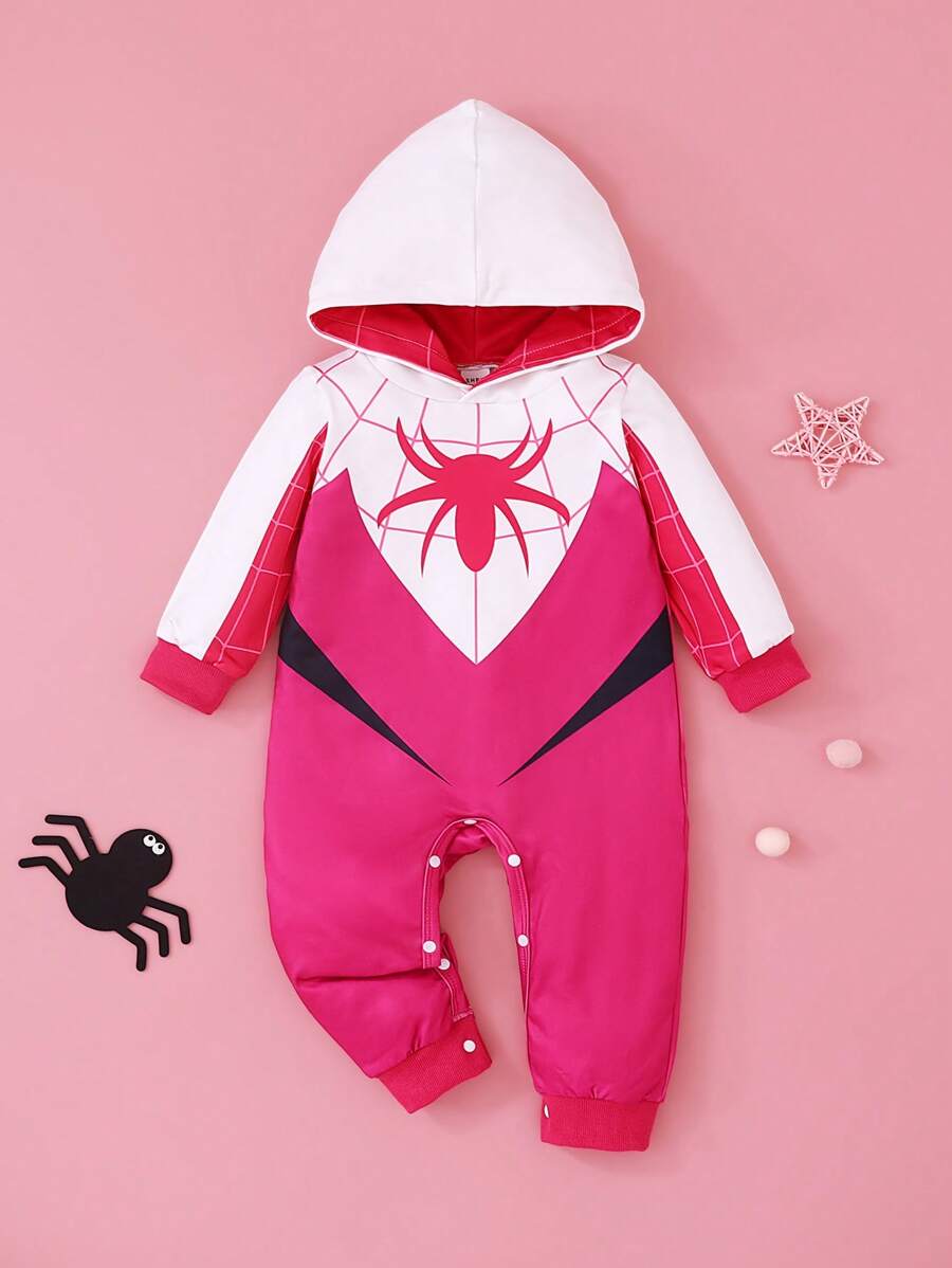 女婴撞色拼接蜘蛛印花连帽连体衣