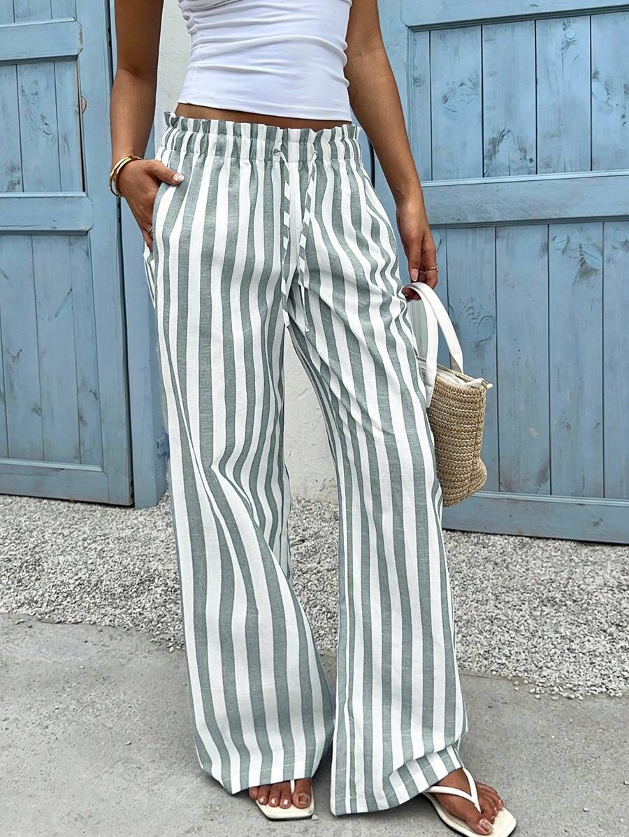 SHEIN EZwear 女士绿色条纹印花开衩口袋阔腿梭织裤 - 綠色 - 查看 1