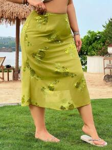 SHEIN EZwear 大码休闲花卉刺绣半身裙 - 米色 - 查看 3