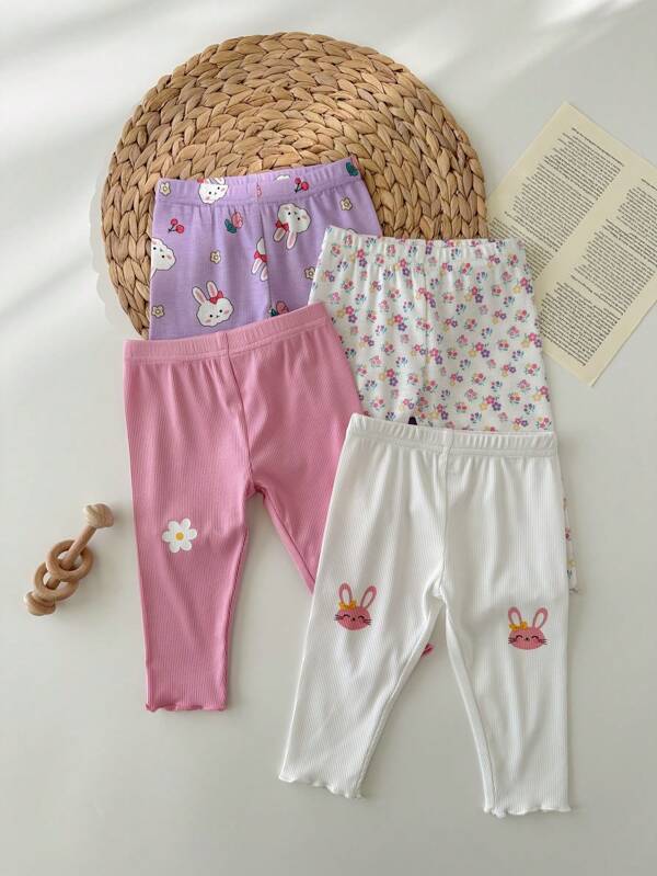 SHEIN New Born Baby Floral Print Elastic Waist Casual Leggings
