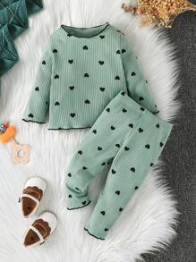 SHEIN Baby Girl Heart Print Contrast Lettuce Binding Tee & Pants
