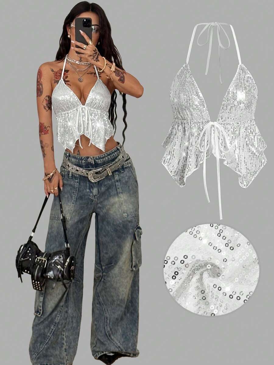 Coolane Áo hở vai sequin cổ điển Y2K của Câu lạc bộ Phụ nữ Sexy Concert Music Festival - trắng - Xem 1