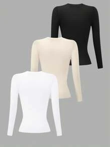 INAWLY 3件装女士纯色长袖修身圆领T恤 - 彩色 - 查看 2