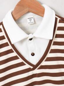 SHEIN Leap Crew 1 件装年轻男孩舒适法兰绒条纹立领半拉链套头衫，适合秋冬季上学、聚会、休闲场合 - 彩色 - 查看 3