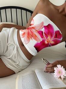 Aloruh Women's Casual Pink Lily Print Tube Top, Suitable For Summer, Beach, Music Festivals, Spring Break, Vacation, Summer Miami Girl Flower Top Lily Top Floral Top 3d Flower Top Flower Swimsuit Suitable For Going Out