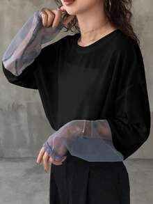 FRIFUL Women's Loose Fit Crew Neck Long Sleeve Contrast Color T-Shirt, Casual For Autumn - Black - View 1