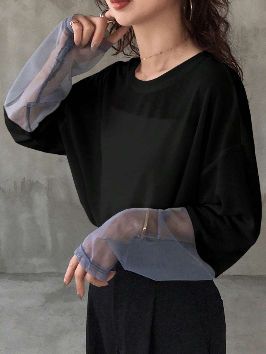 FRIFUL Women's Loose Fit Crew Neck Long Sleeve Contrast Color T-Shirt, Casual For Autumn - Black - View 1