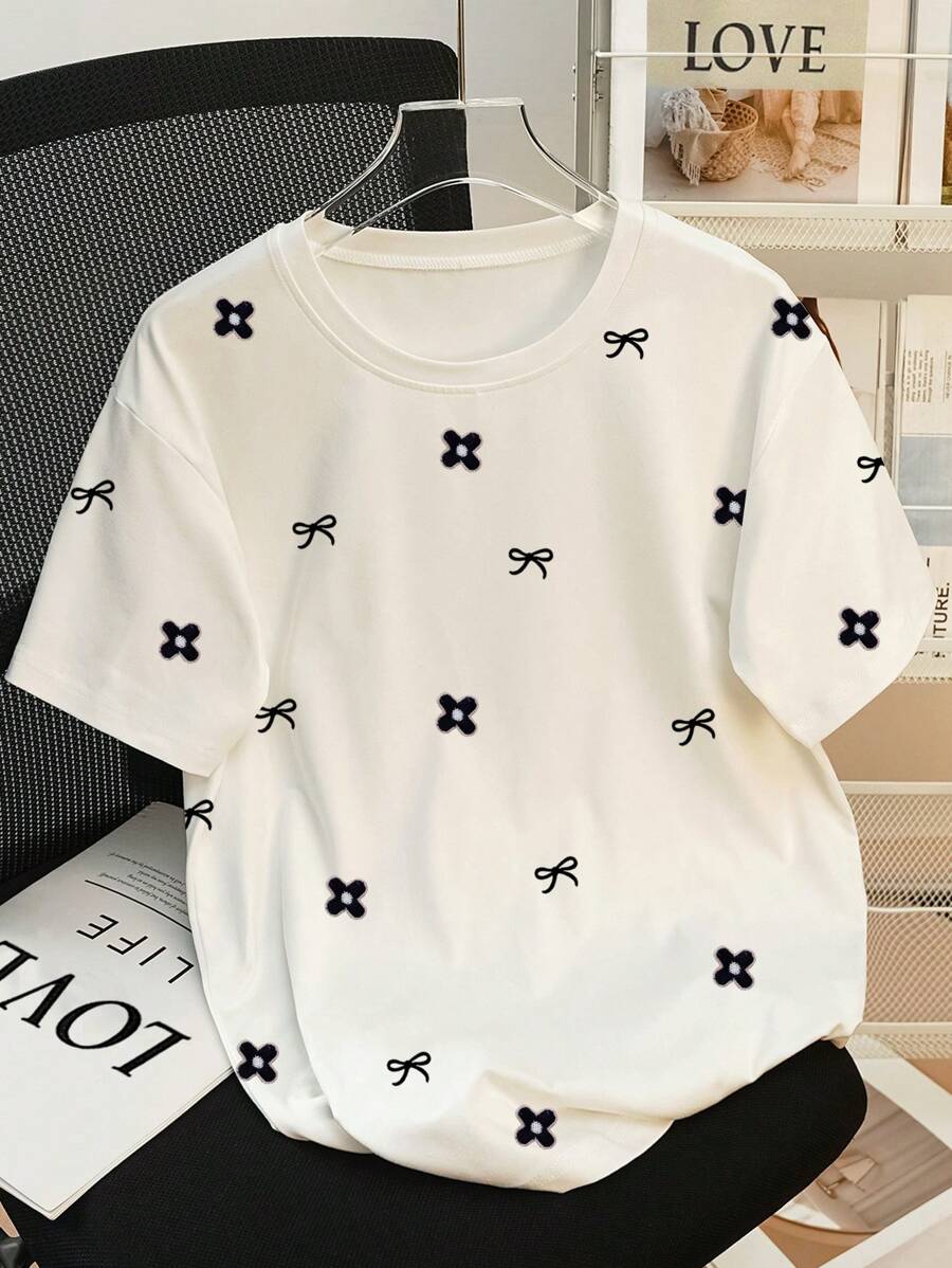 SHEIN Plus Size Women's Summer Casual Butterfly Print T-Shirt - White - View 1