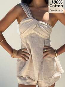 Siren Gaze Bộ 2 món vải lanh thiết kế thắt nút xoắn mùa hè mới cho nữ - Màu be - Xem 6