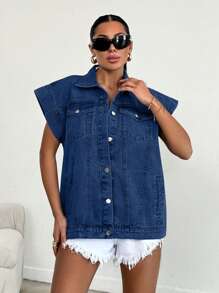 RueChic 100%Cotton Elastic Band Detailed, Rigid Vest - Medium Wash - View 4