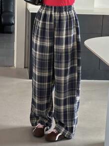 Dazy Kids 少女宽松直筒格子裤，秋季 - 藏蓝色 - 查看 8