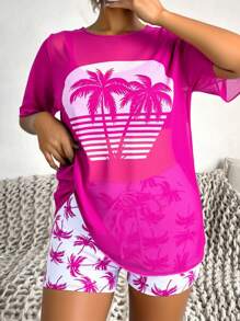 Swim Lushoire 女式夏季沙滩棕榈树印花分体泳衣套装（含罩衫） - 彩色 - 查看 5