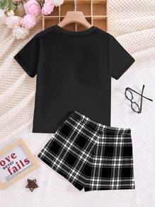 SHEIN Leap Crew Bộ đồ ngủ tay ngắn cổ tròn in hình gấu hoạt hình cho bé gái tuổi teen, phù hợp cho mùa xuân/hè - Nhiều màu - Xem 2