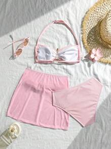 SHEIN Teen Girls 3 Pieces Set: Solid Color Ruffle Halter Metal Starfish Decor Bikini Set Paired With Ruffle Mini Skirt Summer Holiday - Pink - View 4