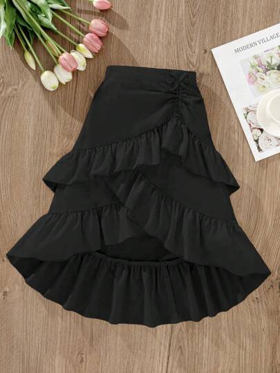 Elladie kids Falda negra con volantes escalonados de estilo casual y sólido para niñas jóvenes, falda negra con volantes para niñas, falda negra con volantes escalonados para niñas jóvenes, falda negra para niñas en otoño e invierno