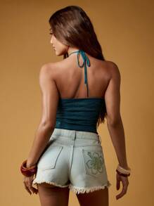 MISSGUIDED Pearl Embellished Halter Knit Top Summer Festival Beach Party Evening Sleeveless Camisole Sparkle Party Club Wear Christmas - Green - View 2