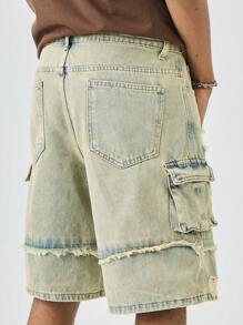 Chillumni 男士休闲日常水洗磨边多口袋宽松牛仔短裤，夏季 - 中等水洗藍 - 查看 8