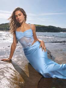 Opulessa Solid Color Woven Contrast Lace Maxi Tank Dress For Women,Fall Women Clothes,Y2k Streetwear,Country Concert Outfit,Office Outfits For Women,Night Out,Date Night Outfits,Airport Outfit For Women