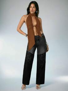 Denimoi Spring And Summer Solid Open Back Cut Out Sexy High Neck Mesh Halter Top, Backless Top, Vacation, Summer, Fashionable, Clubbing, Sexy Tops - Brown - View 5