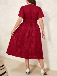 SHEIN Clasi Plus Size Women Floral Jacquard Ruffle Hem Slit Side Hem Elegant Mini Dress Red Wine Midi Dress Midi Wedding Guest Dress Formal Midi Dress Red Floral Midi Dress Plus Size Midi Dress - Red - View 2