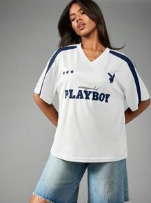 Missguided x Playboy 宽松款式短袖针织V领夏季舒适上衣，带标志，周末休闲 - 白色 - 查看 3