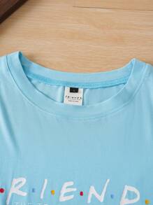 Mystic heart FRIENDS X SHEIN Men's Summer Casual Letter Printed Short Sleeve T-Shirt - Blue - View 9